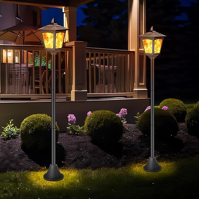 40" Solar Flame Lanterns, IP65 Waterproof Outdoor Post Lights with 3D Flickering Flame, Dusk to Dawn Solar Column Lights for Garden, Driveway, Patio, Yard Decor