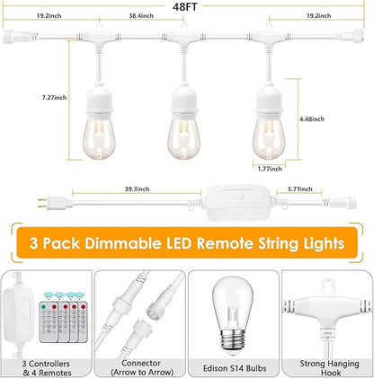 Mlambert 3 Color Outdoor LED Dimmable String Lights with Remote, Plug in 144FT(3x48FT) Waterproof Shatterproof LED Light for Patio Backyard-White Cord