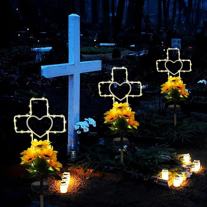 Lmtocs Solar Cross Cemetery Decorations for Grave, Memorial Sympathy Gift for Loss of Loved One Mom Dad, Grave Decorations for Birthday in Heaven Mother Day Fathery Day Memrial Christmas