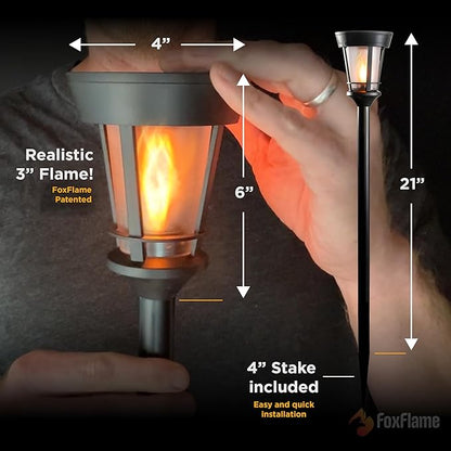 FoxFlame Classic Solar Path Torch - Elegant Flickering Flame Effect with Patented LED,IP65 Waterproof,Solar-Powered Lighting for Garden,Yard, and Landscape Ambiance Easy Stake Installation (2 Pack)