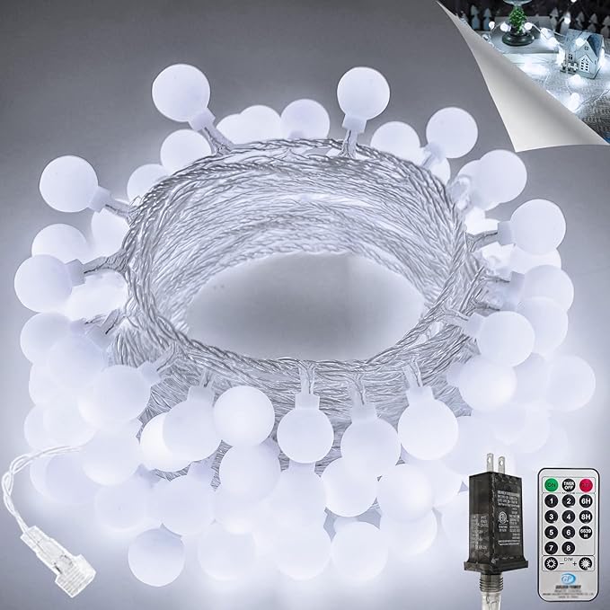 100LED Connectable String Lights Indoor Outdoor for Bedroom, 43ft White Globe Lights Plug in with Remote & Timer, 8 | Lumora