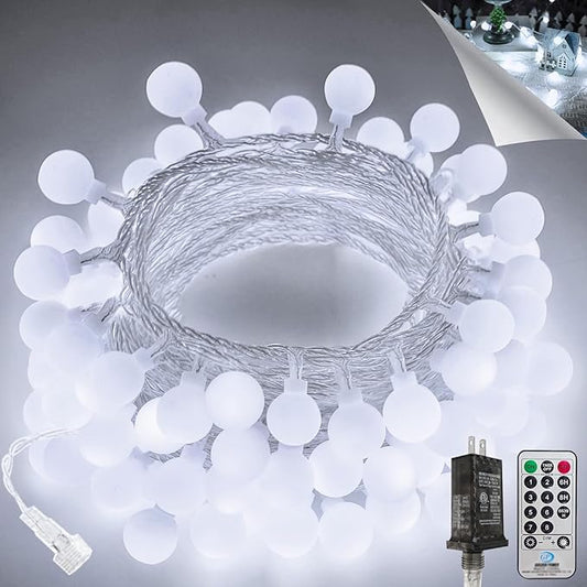 100LED Connectable String Lights Indoor Outdoor for Bedroom, 43ft White Globe Lights Plug in with Remote & Timer, 8 Lighting Modes Waterproof Fairy Light for Room Classroom Wedding Christmas Decor
