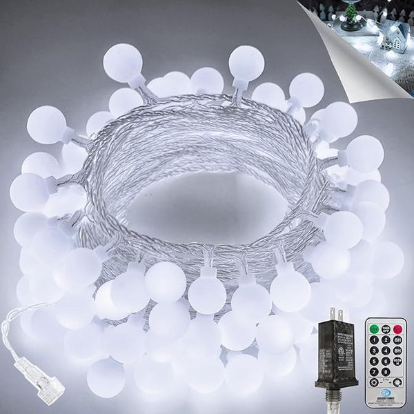 100LED Connectable String Lights Indoor Outdoor for Bedroom, 43ft White Globe Lights Plug in with Remote & Timer, 8 | Lumora