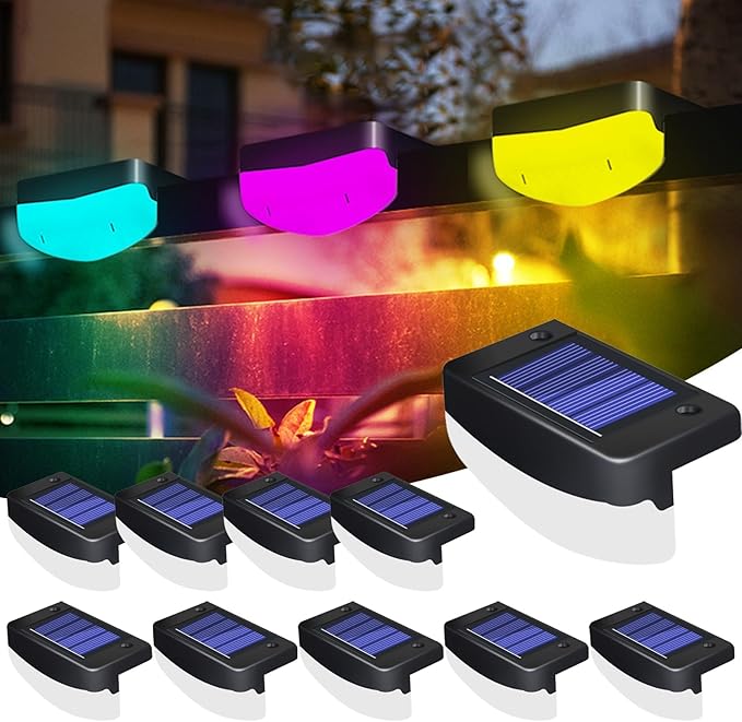 LED Solar Step Lights, 10 Pack Solar Deck Lights Outdoor IP65 Waterproof Pool Side Lighting Decor for Stairs Fence Yard Driveway Pathway Yard Backyard, RGB Color Changing