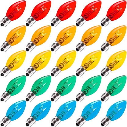Minetom C7 Christmas Replacement Light Bulbs 50 Pack, C7 Bulbs Clear Incandescent Bulb for Christmas String Light, E12 Candelabra Base, 5 Watt, Multicolor (50 Pack, Multi-Colored)