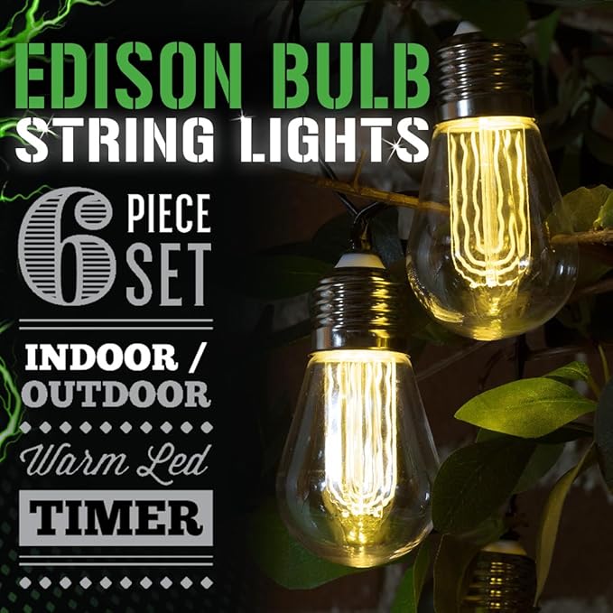 LitezAll LED Edison Bulb String Lights, Battery Operated Outdoor String Lights with Built-in Timer, Warm Glow | Lumora