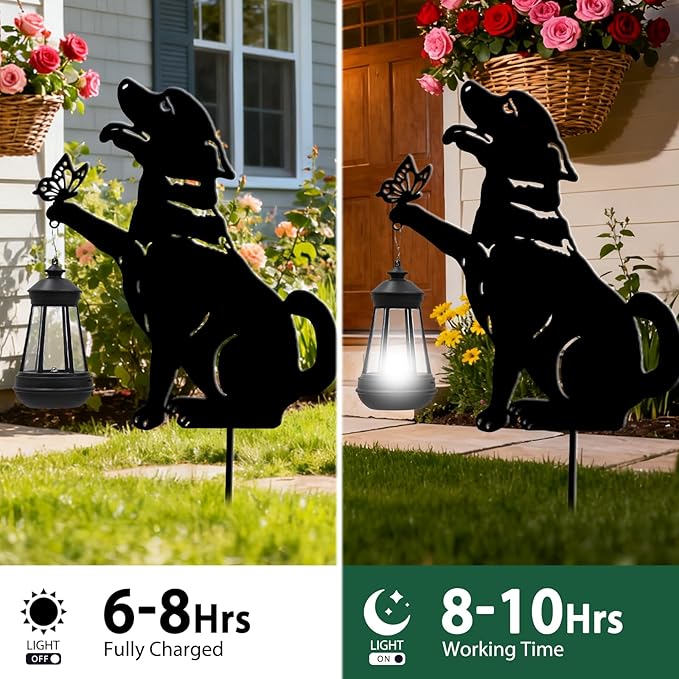 Black Dog Christmas Decorations Outdoor - Solar Lights Outdoor Garden Decor Stake with Butterfly Decorative Metal | Lumora