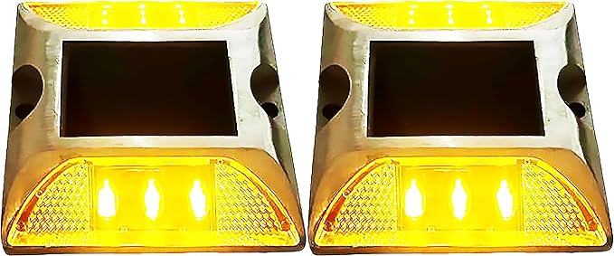 Solar Driveway Ultra Bright Lights Dock Deck Lights Wireless Solar Powered Waterproof Outdoor Warning Step Lights for Driveway Pathway Metal Ground 6 LED Light 3 Each Side Yellow Color (Pack of 2)