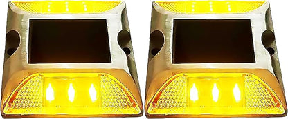 Solar Driveway Ultra Bright Lights Dock Deck Lights Wireless Solar Powered Waterproof Outdoor Warning Step Lights for Driveway Pathway Metal Ground 6 LED Light 3 Each Side Yellow Color (Pack of 2)