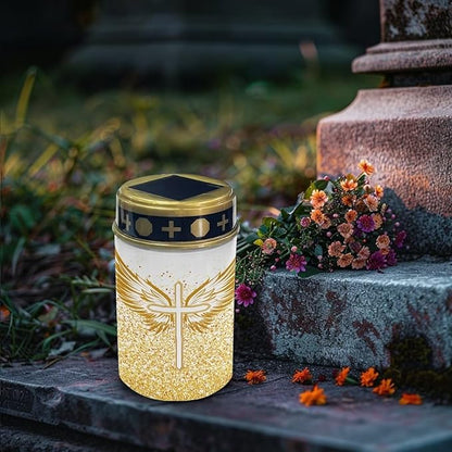Angel Wing Cemetery Solar Lights for Grave Cross Outdoor Waterproof Cemetery Landscape Lights Solar Powered Solar Garden Stake Lights for Yard Garden, Gold