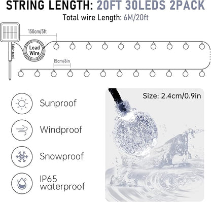 2-Pack 30 LED 20FT Solar String Lights Outdoor, Crystal Globe Lights with 8 Lighting Modes, Waterproof Solar Powered Patio Lights for Garden Yard Porch Wedding Party Decor (White)