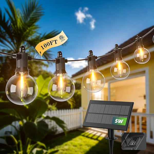 100FT Solar String Lights Outdoor Waterproof IP65 with USB-Charging , Solar Powered LED Patio Lights with 50+2 | Lumora