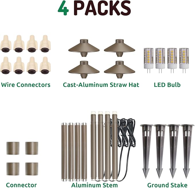 Lumina Lighting® Low Voltage Landscape Lighting Cast-Aluminum Path and Area Light Warm White 3W G4 LED Bulb and ABS Ground Stake Included for Yard Walkway Lawn PAL0106-BZLED4 (Bronze, 4-Pack)