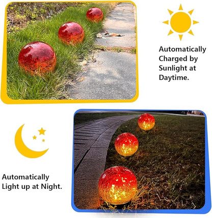 2 Pack 60LED Solar Globe Lights Outdoor Waterproof 4.7in Cracked Glass Solar Balls Lights for Outside Yard Pathway Patio Lawn Landscape Decor Ground for Christmas Holiday Decor w/ Box (Gradient Red)