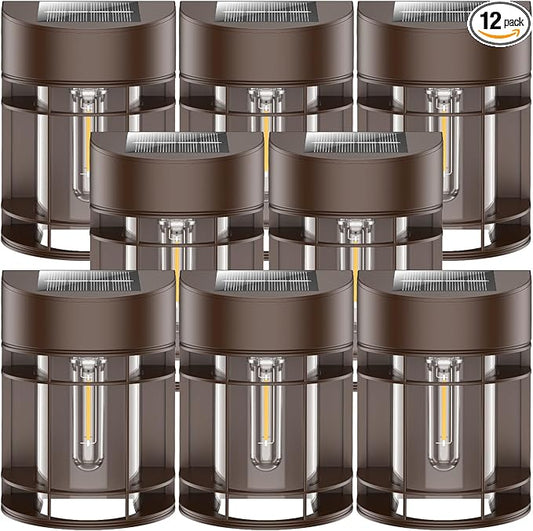 Solar Lights Outdoor, 12 Pack Solar Fence Lights, Waterproof Led Outdoor Solar Lights for Yard Patio Step Deck Stairs Garden Decor, Brown