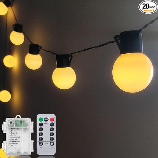 Fairy Lights Battery Operated 23.8Ft 20 LED Globe String Lights, Shatterproof G50 Edison Lights String with Remote Timer, Warm White Christmas Lights for Bedroom Camping Balcony Christmas Tree Decor