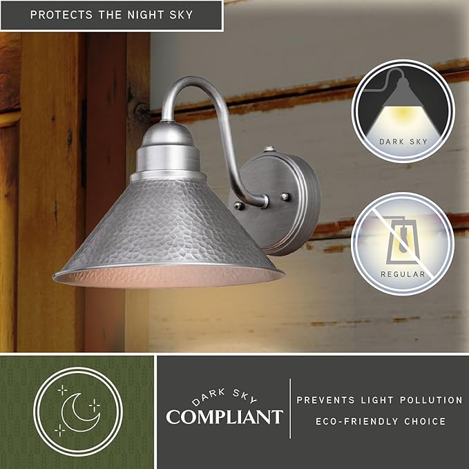 VAXCEL Outland 9 in. H 1-Light Brushed Pewter Dusk to Dawn Sensor Farmhouse Outdoor Wall Sconce, Gooseneck Metal Shade, LED Compatible, Dark Sky Compliant for Exterior Porch Patio Front Door or Garage