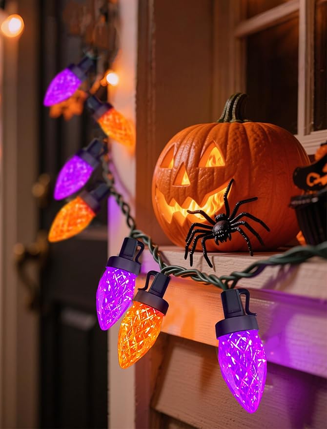 26FT Halloween String Lights Outdoor, 50 C7 LED Orange and Purple String Lights, Plug-in Halloween Patio Decorative Lights for Indoor Christmas Backary Porch House Holiday Party Decor
