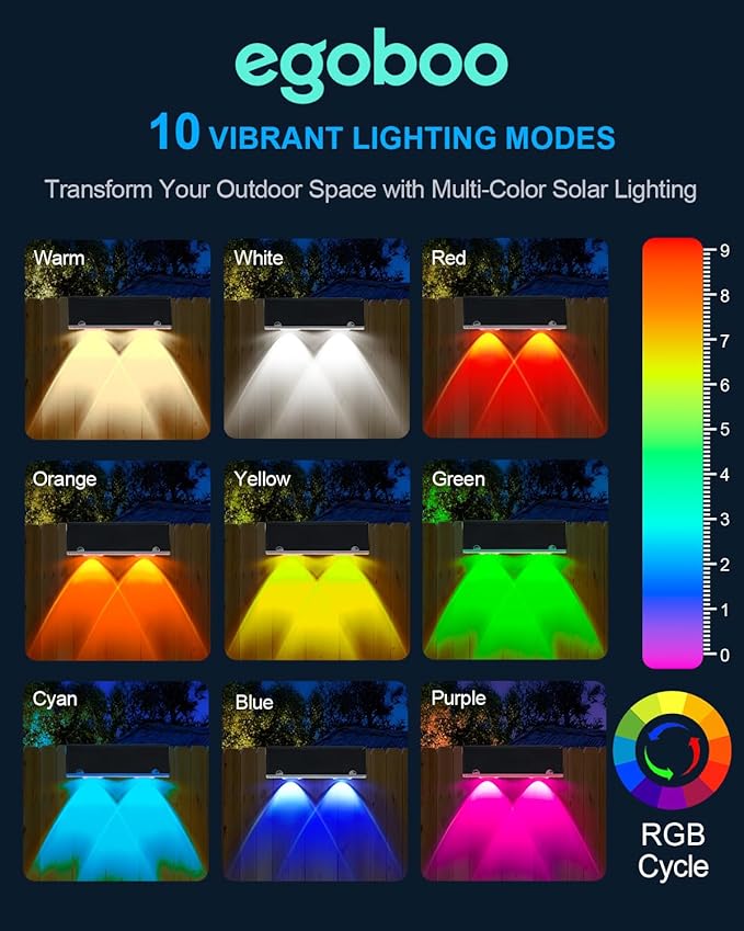 EGOBOO Solar Fence Lights Outdoor, 12 Pack 10 Modes Warm White & RGB Color Changing, Solar Powered Deck Lighting | Lumora