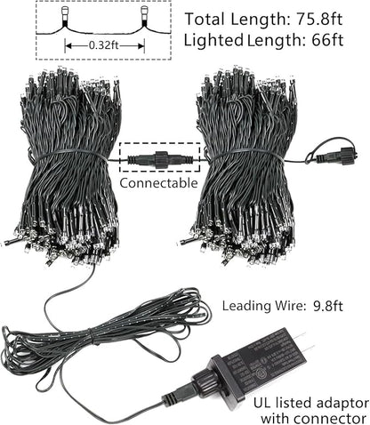 75.8 FT 200 LED Blue Christmas String Lights Outdoor & Indoor, Timer & Memory Function & 8 Modes, Extendable Ultra Bright Green Wire Mini Twinkle Lights for Xmas Tree Patio Holiday Party Garden Decor