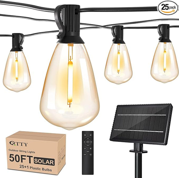 RTTY Solar String Lights Outdoor Waterpoof 50ft with 25pcs Dimmable Shatterproof ST38 Vintage Bulb,Remote Solar | Lumora