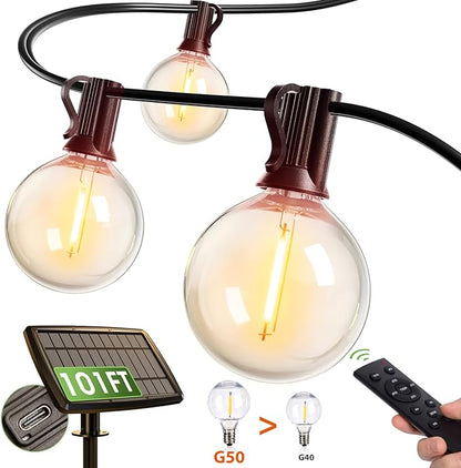 addlon 100FT Solar String Lights for Outside G50 Waterproof with USB Port Solar Patio Lights Outdoor Solar Powered LED Bulbs 3 Light Modes for Backyard Porch Garden Market Bistro Camping