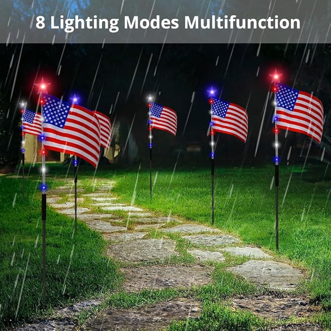 6 Flag Lights 4th of July Decorations 8 Lighting Modes, 6-in-1 American Flag Solar Lights, Memorial Day Decorations with Red White and Blue Lights for Independence Day Path Garden Decor Yard Pathway