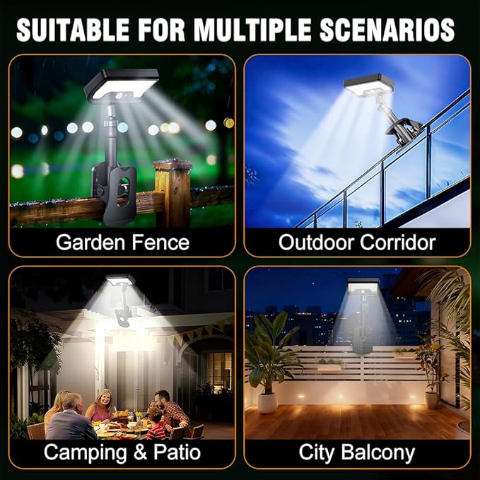 Clip On Solar Lights Outdoor | 92 LEDs 600LM Motion Sensor Lamp for Fence, Camping, Deck & Gutter, 360°Rotatable Adjustable (White)