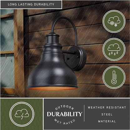 VAXCEL 2-Pack Delano 13 in. H 1-Light Oil Burnished Bronze and Light Gold Dusk to Dawn Sensor Farmhouse Outdoor Wall Sconce, Durable Steel Shade, Dark Sky Compliant, Porch Front Door or Garage