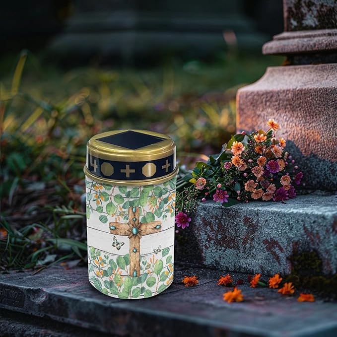 Cross Leaf Solar Lights for Grave Solar Led Lights for Outside Waterproof Landscape Lights Cross Candle Holder for Cemetery Prayer Signs Solar Light Grave Garden Lawn Patio Yard Decor