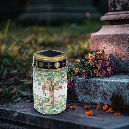 Cross Leaf Solar Lights for Grave Solar Led Lights for Outside Waterproof Landscape Lights Cross Candle Holder for Cemetery Prayer Signs Solar Light Grave Garden Lawn Patio Yard Decor