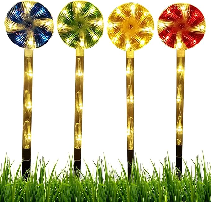 Solar Garden Lights Candy Cane Lights, 4 Cute Christmas Lollipop Pathway Lights with Stakes, Waterproof Outdoor Solar Pathway Lights for Christmas Decoration, Yard, Yard, Lawn (Color : Color)