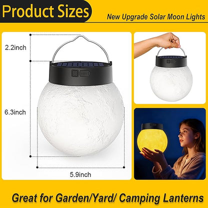 Solar Powered Garden Moon Lights, 2 Pack 3D Moon Surface Printing Globe Light with Warm White LED Lights,Waterproof Outdoor for Lawn,Patio,Yard,Camping,Christmas Lights Decor