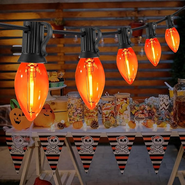 12FT Orange Halloween Lights Outdoor, C7 LED String Lights Plug in with Black Wire for Patio, Porch Railing | Lumora