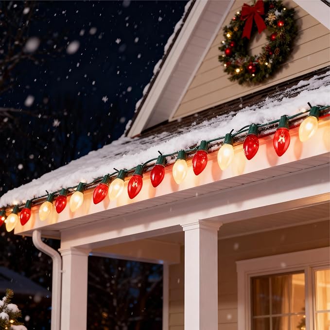 25FT C9 Christmas Outdoor Lights,Red and Frosted White Christmas Lights with 26 Bulbs(1 Spare),Commercial Vintage Red White String Light for Tree Yard Garden Porch Party