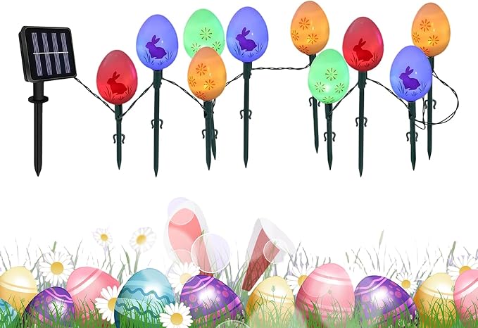 Easter Bunny Lights – 10 Solar Powered Colorful Outdoor Decorative Lights | Waterproof LED String for Garden Patio Path Holiday Seasonal Easter Decorations