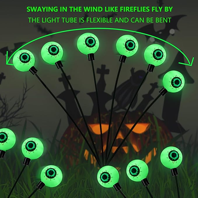 Dazzle Bright Halloween Decorations Outdoor, 2 Pack 12LED Solar Eyeball Pathway Lights, Scary Waterproof Solar Green Firefly Lights for Garden Lawn Yard Decor