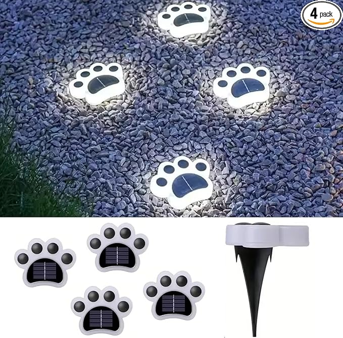 Solar Paw Print Lights, Cats and Dogs Animal Solar Lights, Outdoor Decorative Lights, Garden Lights Path Lights Walkway Lighting, Suitable for Terrace Yard Garden Path Lawn Yard 4 Pack (Style D)