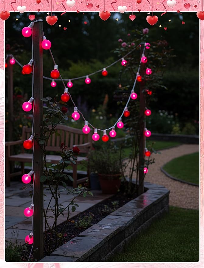 G40 LED Valentine’s Day String Lights, 25Ft Valentines Decorations Lights Outdoor with Frosted Red Pink Round Bulbs, Hanging Patio Lights Shatterproof for Indoor Home Decor Wedding Party, White Wire