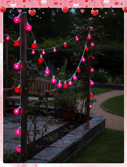 G40 LED Valentine’s Day String Lights, 25Ft Valentines Decorations Lights Outdoor with Frosted Red Pink Round Bulbs, Hanging Patio Lights Shatterproof for Indoor Home Decor Wedding Party, White Wire