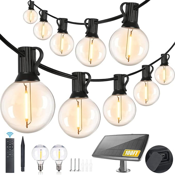 100FT Solar String Lights Outdoor Waterproof with Remote, G40 Solar Powered String Lights with 30+2 LED | Lumora