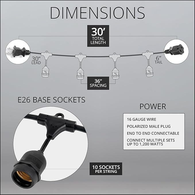 30-ft 10 Suspended Sockets E26 Commercial Patio Light Stringer, Heavy Duty - Outdoor Security Flood Light | Lumora