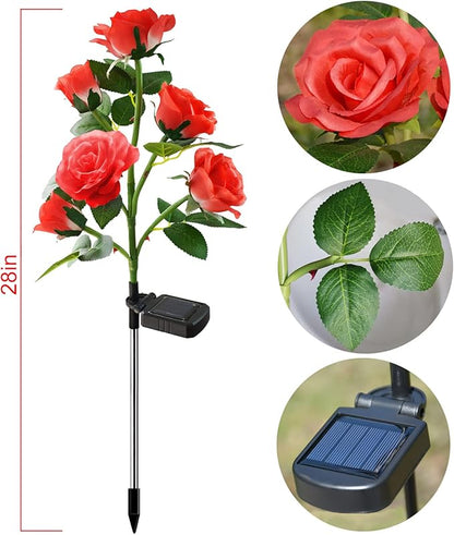 Homeleo [Upgraded 6 Flowers] Garden Solar Decorative Lights, Outdoor Waterproof Realistic Artificial Rose Flowers for Backyard Pathway Porch Step Memorial Cemetery Gravesite Decor, Red