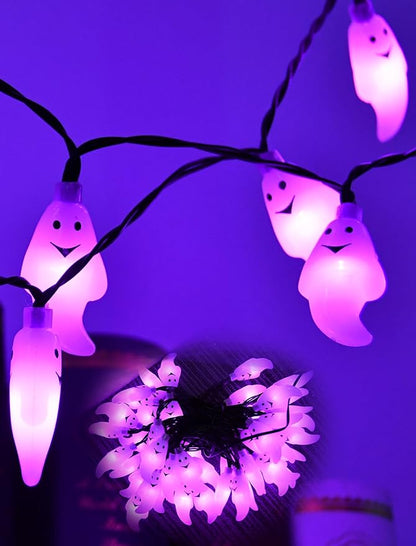 SUNSGNE 21ft Halloween String Lights, 50 LED Purple Ghost String Lights with 8 Modes, Extendable, Waterproof - Spooky Decor for Outdoor Garden Patio Yard House Indoor Bedroom Halloween Party