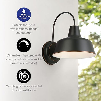 Design House Mason Farmhouse Gooseneck Barn Light, Outdoor Exterior Porch or Patio Wall Light Fixture, Oil Rubbed Bronze, 8 Inch Diameter, 2-Pack, 589218-ORB