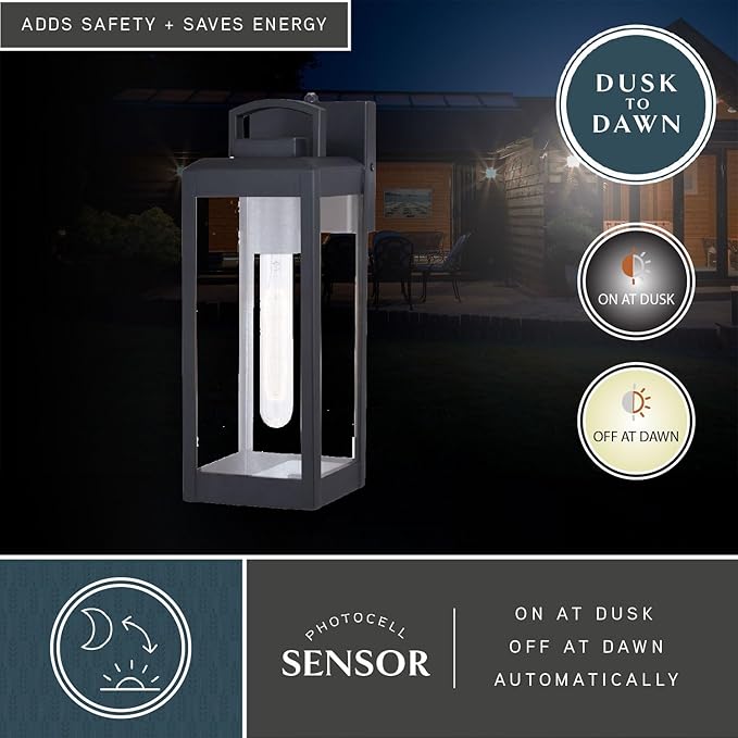 VAXCEL Kinzie Outdoor Porch Light, 5" W x 14.25" H Black Outdoor Lantern, Modern Dusk to Dawn Wall Light for Porch | Lumora
