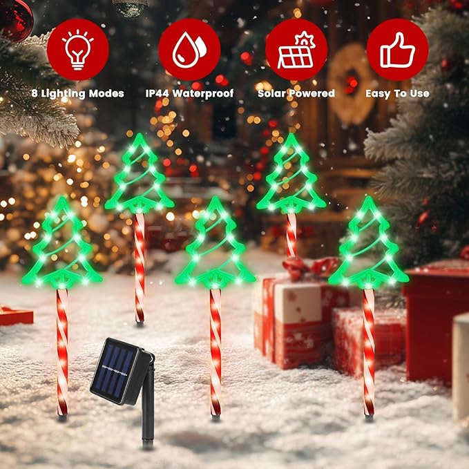 Christmas Pathway Lights Outdoor, 5 Pack Lighted Tree Stake Lights with 8 Lighting Modes, IP44 Waterproof Solar LED Christmas Yard Light for Garden Lawn Porch Front Door Patio Holiday Decor