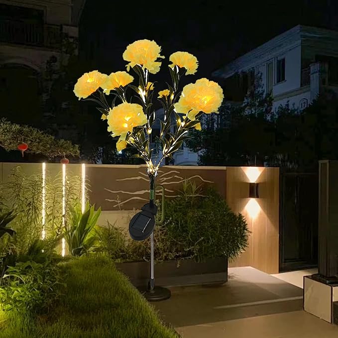 ZJchao Solar Flower Lights LED Carnation Shaped Decorative Light Outdoor Garden Yard Lawn (Yellow)