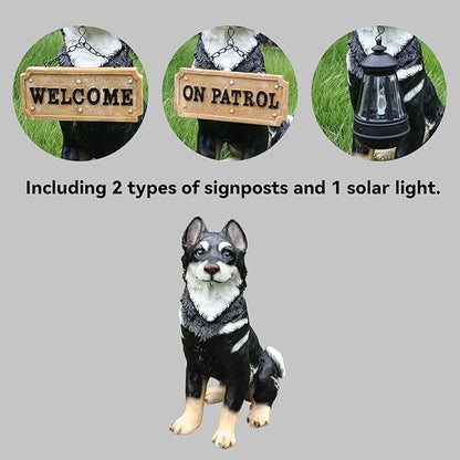 Outdoor Husky Dog Statue with Interchangeable Welcome Sign and Detachable Solar Lantern –LED Light Garden Dog Sculpture Décor, Cute Puppy Design for Yard, Porch, Gift
