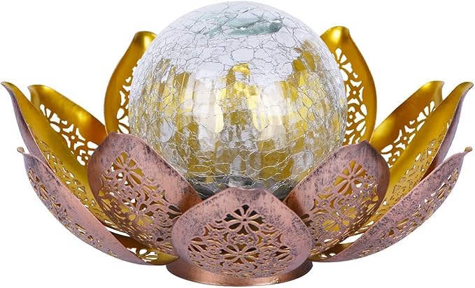 DUSVALLY Lotus Solar Light Outdoor Garden Decoration for Patio, Lawn, Walkway, Tabletop, Waterproof Metal Lotus & Glass Globe Emit Crackle Light, Golden